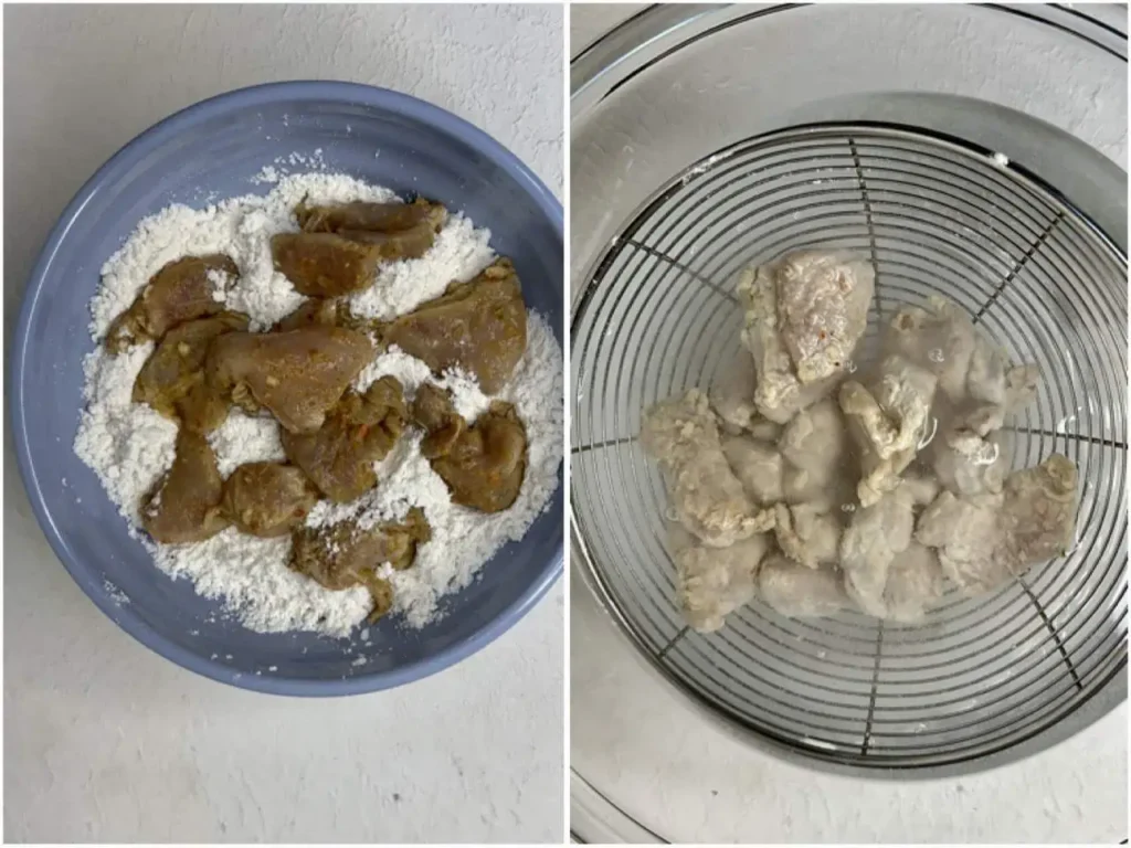 flour coating and cold water bath to chicken